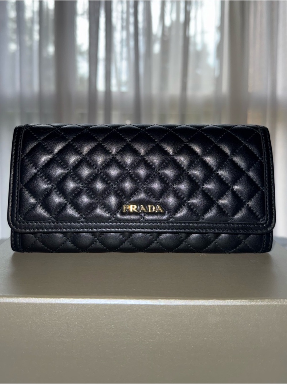 Prada Black Quilted Leather Wallet with Gold Logo Plaque